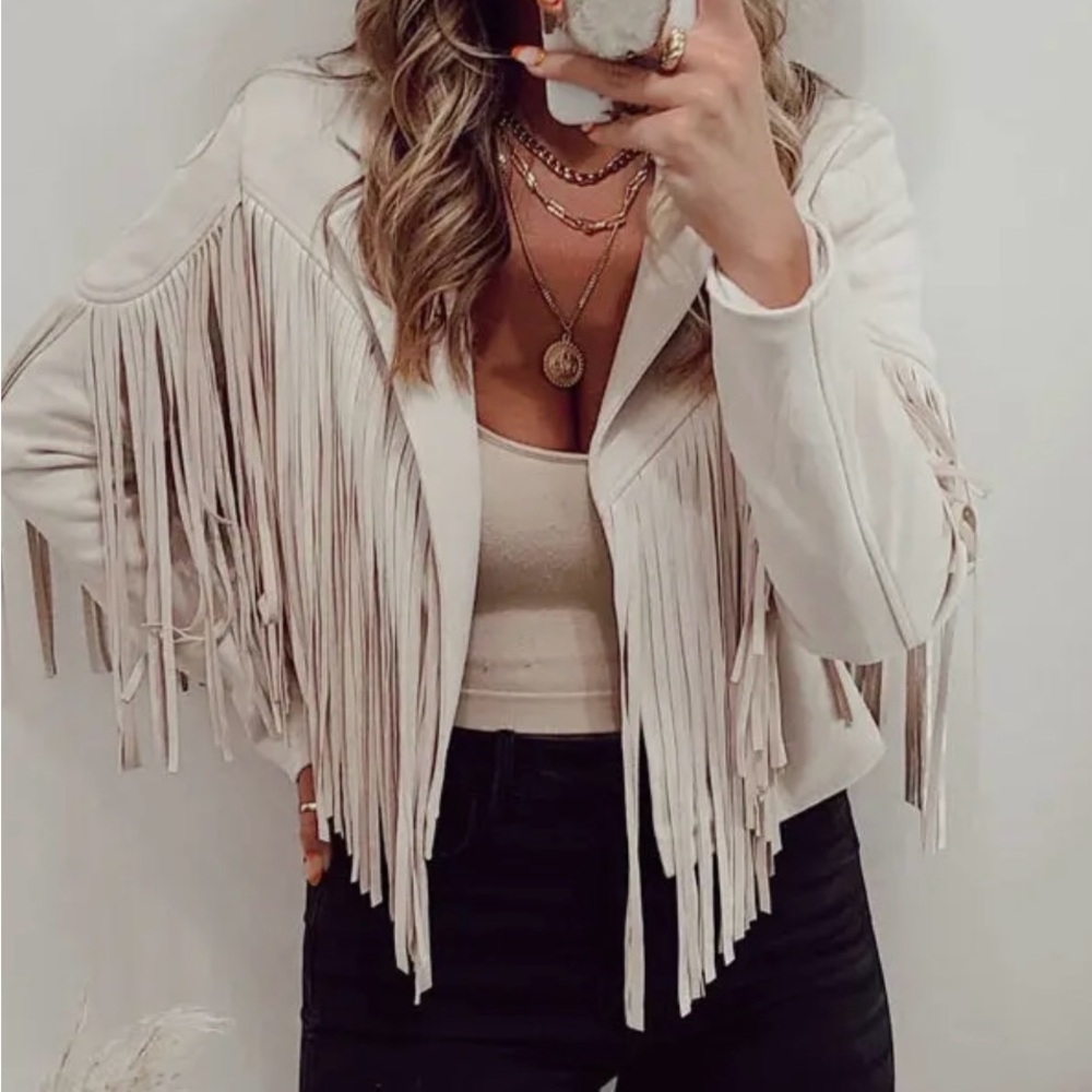 Elegant Cream Fringe Leather Jacket for Women